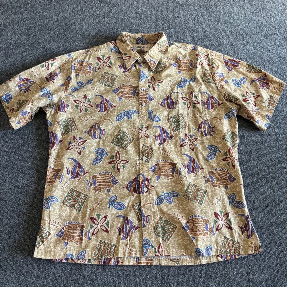 Cooke Street Honolulu Mens XL Hawaiian Shirt Tan Fish Print Cotton